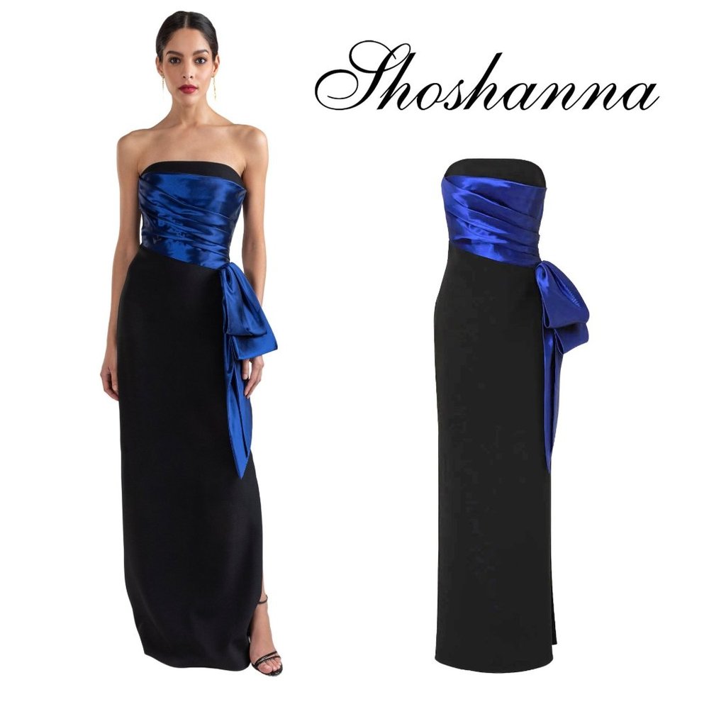 Shoshanna Midnight Moira Black Blue Sash Strapless Evening Formal Gown Size 6